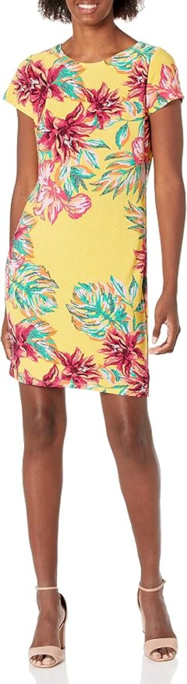 Nine West Womens Size XL Yellow Tropical Print Short Sleeve Dress
